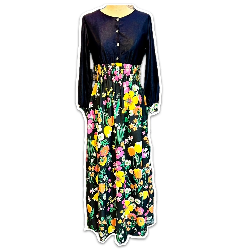 VINTAGE mid century‎ 60s dark flower long maxi dress hostess house gown 70s MOD - Picture 3 of 17
